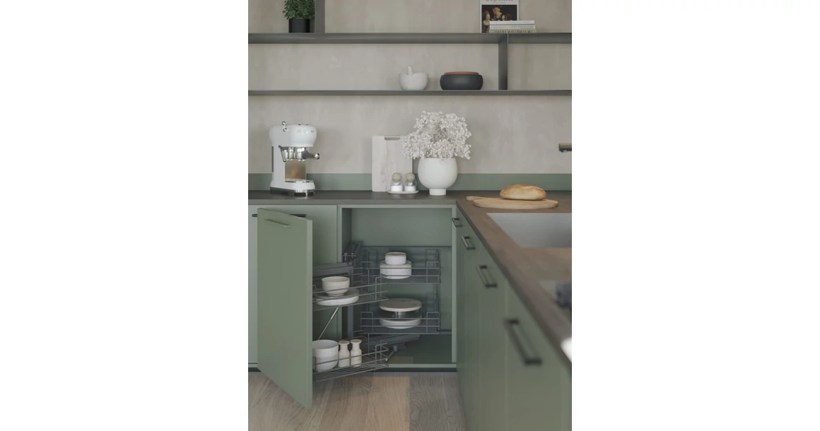 Kép 2/2 - Konyhai fémrács, sarokszekrénybe, részleges kihúzás, csillapított záródás, antracit, balos,  900mm, 450mm ajtó szélesség, SIGE Green Line 350