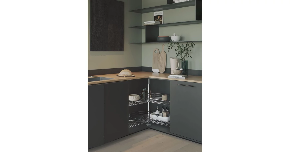 Kép 2/2 - Konyhai fémrács, sarokszekrénybe, 3/4 kör kosár, ezüst szürke, 810mm átmérő, oszloppal, 400mm ajtókhoz, Sige Green Line 361