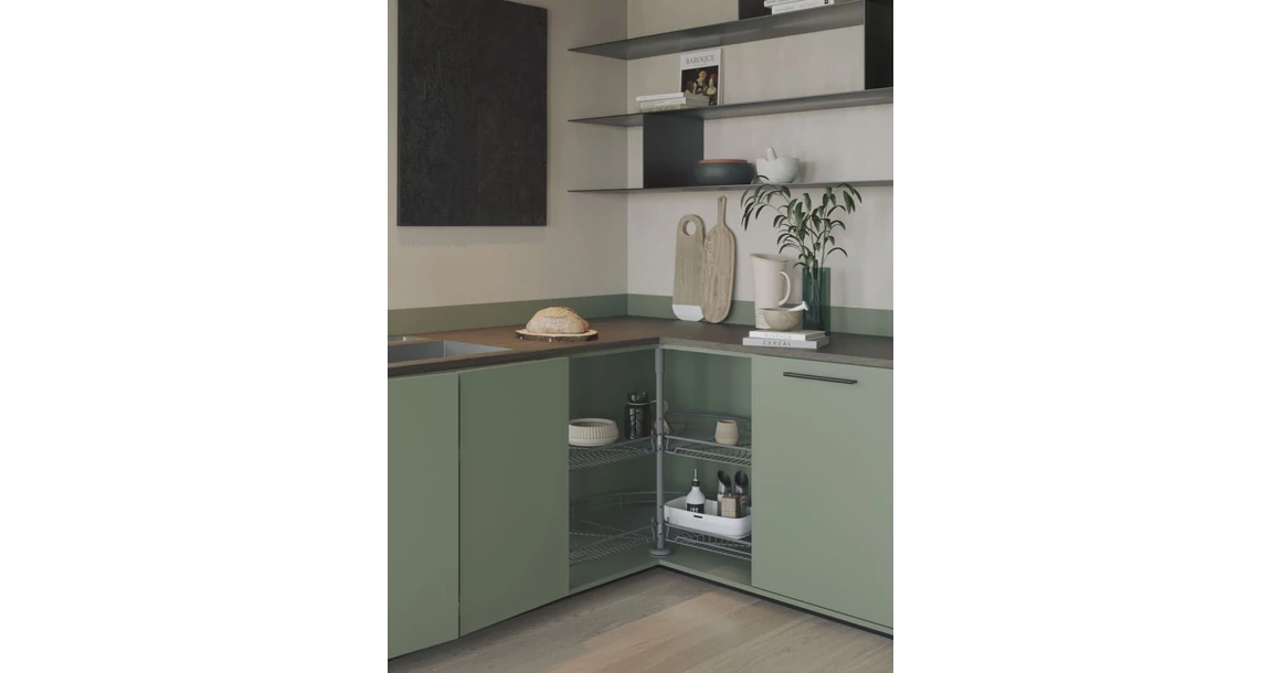 Kép 2/2 - Konyhai fémrács, sarokszekrénybe, 3/4 kör kosár, antracit, 810mm átmérő, oszloppal, 400mm ajtókhoz, Sige Green Line 361