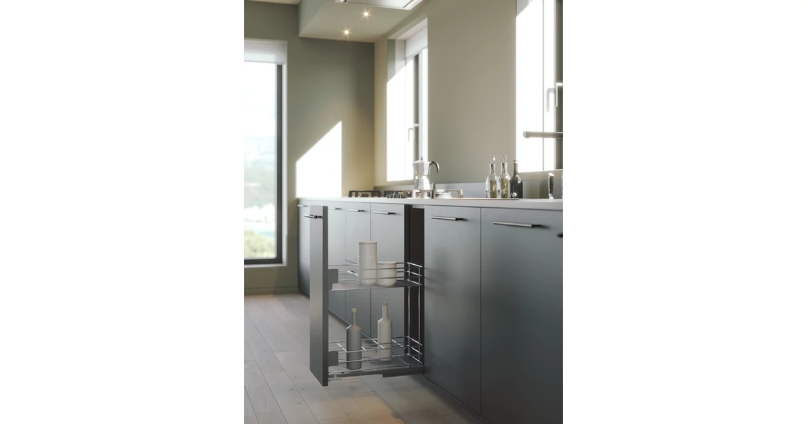 Kép 2/2 - Konyhai fémrács, 200mm, fenéklapra szerelhető, ezüst szürke, teljes kihúzás, csillapított záródás, rejtett fióksín, 2 kosár SIGE, Green Line 003