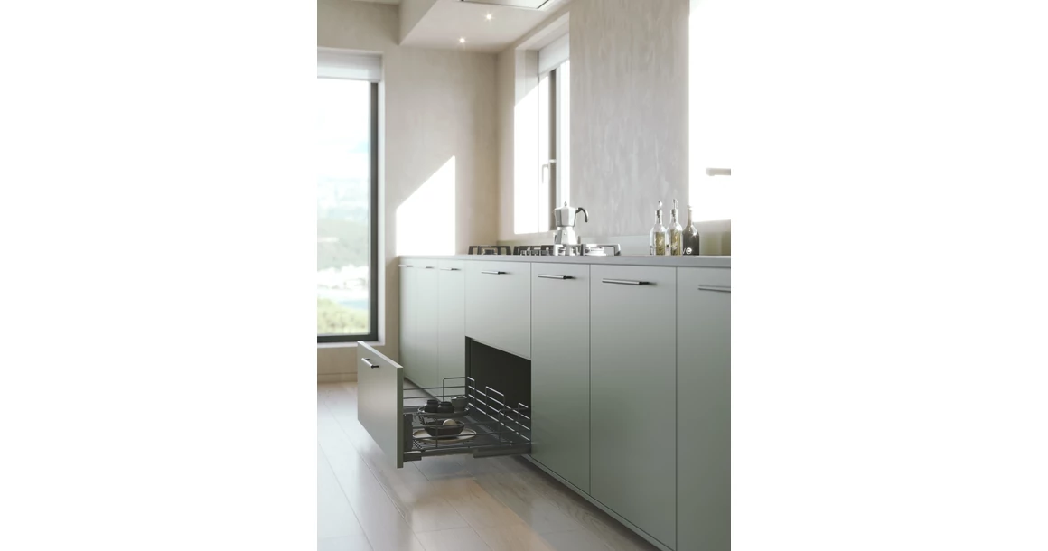 Kép 2/2 - Konyhai fémrács, 500mm, 220mm magas fiók, frontrögzítéssel, antracit, teljes kihúzás, csillapított záródás, 30kg teherbírás, SIGE Green 116