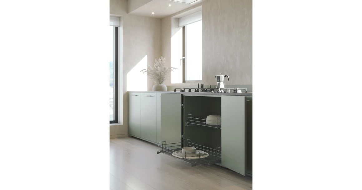 Kép 2/2 - Konyhai fémrács, 450mm, 180mm magas fiók, antracit, teljes kihúzás, csillapított záródás, 30kg teherbírás, SIGE Green Line 119