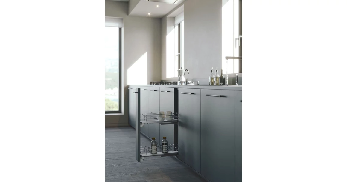 Kép 2/2 - Konyhai fémrács, 150mm, bal oldalra szerelhető, króm-fehér, teljes kihúzás, csillapított záródás, rejtett fióksín, 2 kosár SIGE, Infinity Line 002