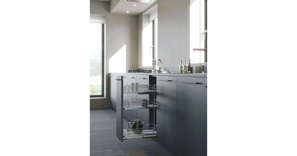 Kép 2/2 - Konyhai fémrács, 300mm, oldalra szerelhető, króm-fehér, teljes kihúzás, csillapított záródás, rejtett fióksín, 3 kosár SIGE, Infinity Line 004