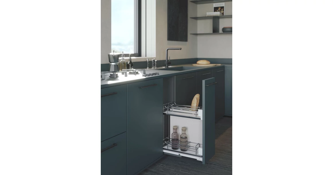 Kép 2/2 - Konyhai fémrács, 400mm, fenéklapra szerelhető, króm-fehér, teljes kihúzás, csillapított záródás, rejtett fióksín, 2 kosár, textílzsákkal SIGE, Infinity Line 006