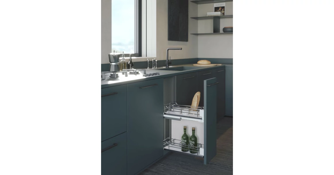 Kép 2/2 - Konyhai fémrács, 400mm, oldalra szerelhető, króm-fehér, teljes kihúzás, csillapított záródás, rejtett fióksín, 2 kosár, textílzsákkal SIGE, Infinity Line 007