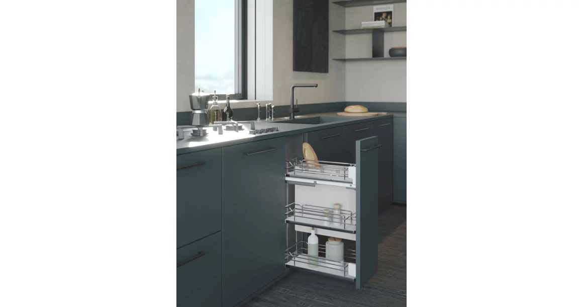 Kép 2/2 - Konyhai fémrács, 300mm, oldalra szerelhető, króm-fehér, teljes kihúzás, csillapított záródás, rejtett fióksín, 3 kosár, textílzsákkal SIGE, Infinity Line 007