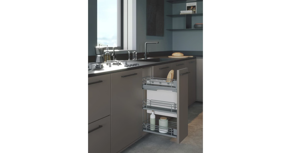 Kép 2/2 - Konyhai fémrács, 300mm, oldalra szerelhető, antracit, teljes kihúzás, csillapított záródás, rejtett fióksín, 3 kosár, textílzsákkal SIGE, Infinity Line 007