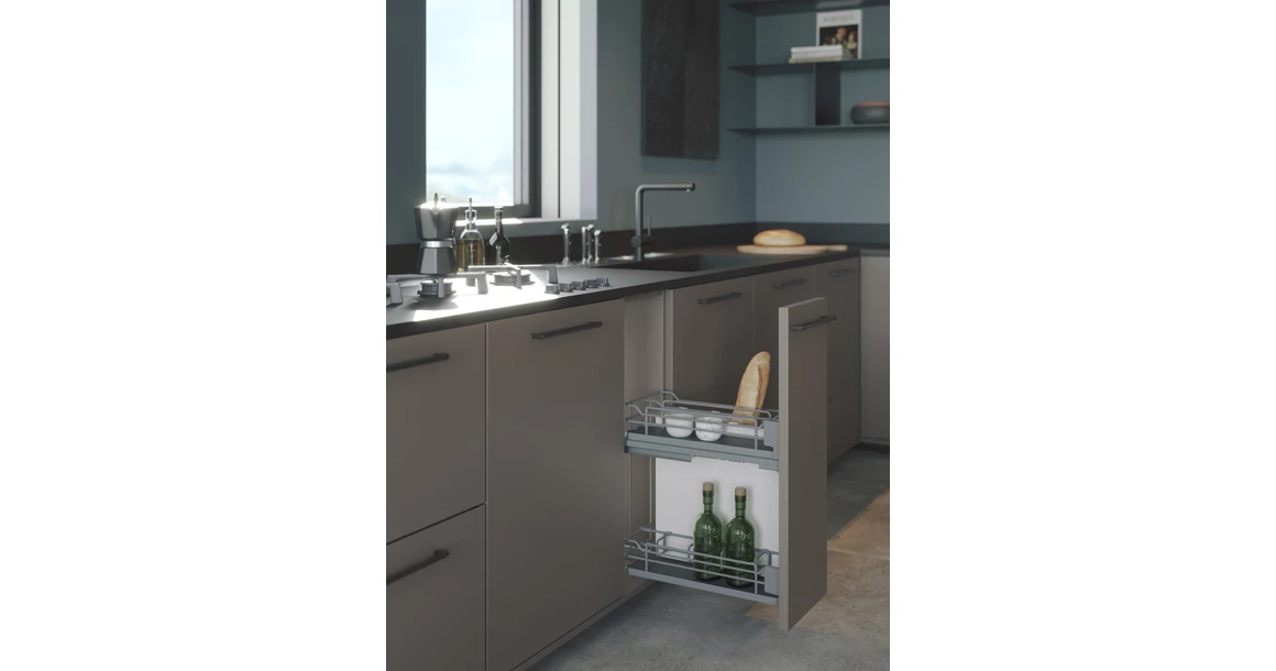 Kép 2/2 - Konyhai fémrács, 300mm, oldalra szerelhető, antracit, teljes kihúzás, csillapított záródás, rejtett fióksín, 2 kosár, textílzsákkal SIGE, Infinity Line 007