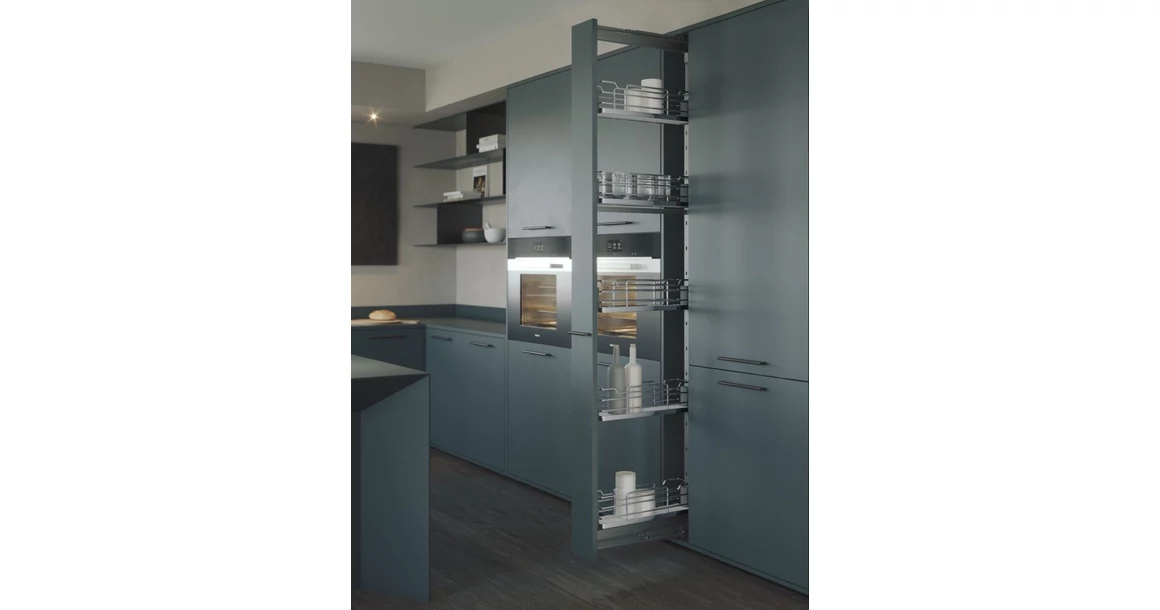 Kép 2/2 - Konyhai fémrács, kamravasalat, 150mm, króm-fehér, teljes kihúzású, csillapított záródás, 1880-2180mm, 5 kosár SIGE, Infinity Line 258