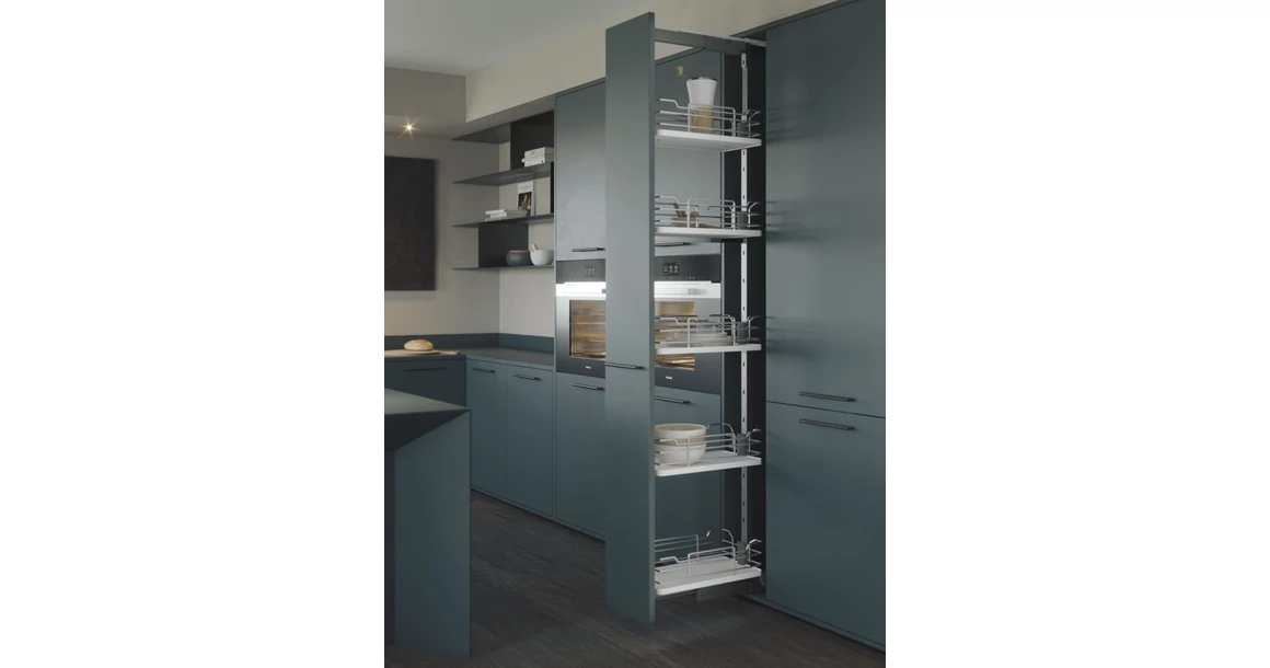 Kép 2/3 - Konyhai fémrács, kamravasalat, 400mm, króm-fehér, teljes kihúzású, csillapított záródás, 1880-2180mm, 6 kosár SIGE, Infinity Line 260