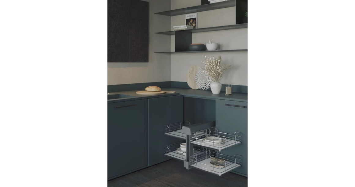 Kép 2/4 - Konyhai fémrács, sarokszekrénybe, teljes kihúzás, csillapított záródás, króm-fehér, univerzális, 1200mm, 600mm ajtó szélesség, Sige Infinity Line 340