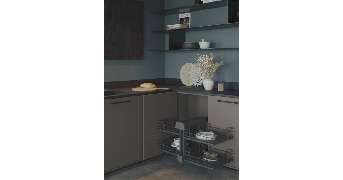 Kép 2/4 - Konyhai fémrács, sarokszekrénybe, teljes kihúzás, csillapított záródás, antracit, univerzális, 1200mm, 600mm ajtó szélesség, Sige Infinity Line 340