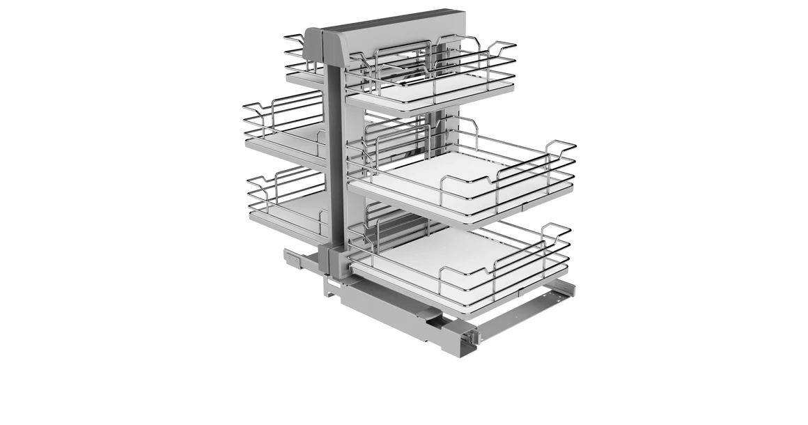 Kép 1/3 - Konyhai fémrács, sarokszekrénybe, teljes kihúzás, csillapított záródás, króm-fehér, univerzális, 1200mm, 600mm ajtó szélesség, SIGE Infinity Line 340