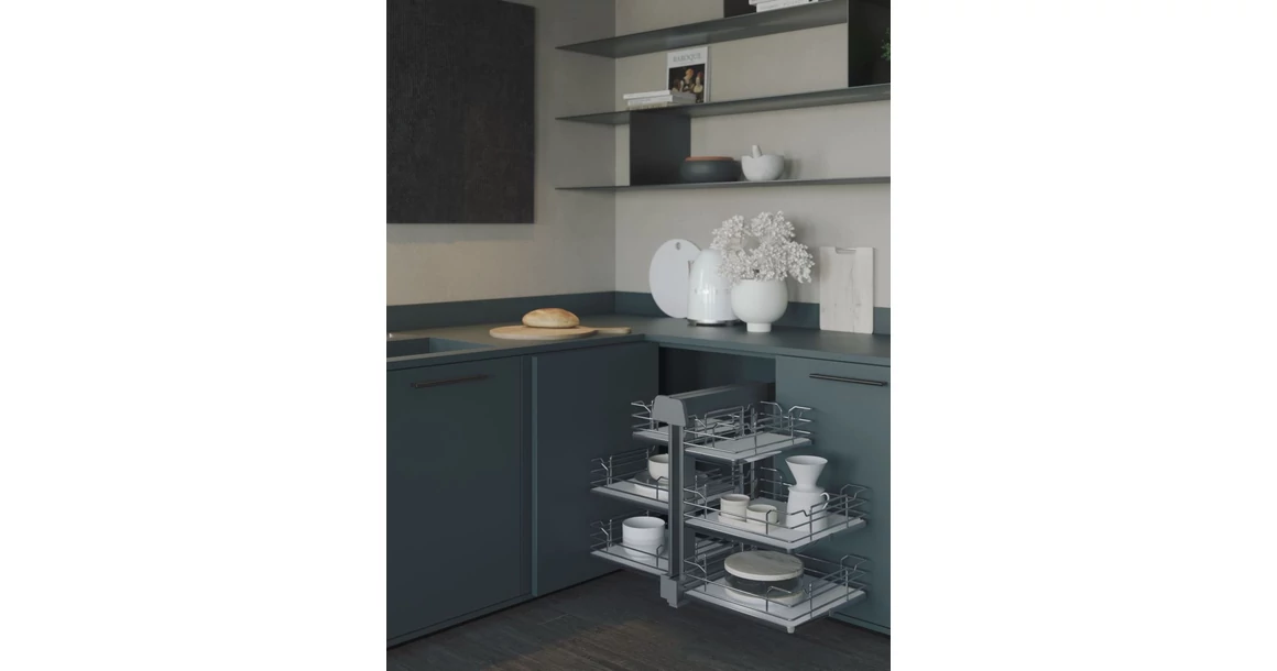 Kép 2/3 - Konyhai fémrács, sarokszekrénybe, teljes kihúzás, csillapított záródás, króm-fehér, univerzális, 1200mm, 600mm ajtó szélesség, SIGE Infinity Line 340