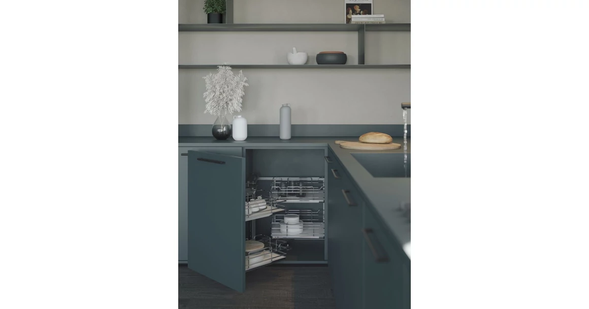 Kép 2/2 - Konyhai fémrács, sarokszekrénybe, részleges kihúzás, csillapított záródás, króm-fehér, balos, 1200mm, 600mm ajtó szélesség, SIGE Infinity Line 350