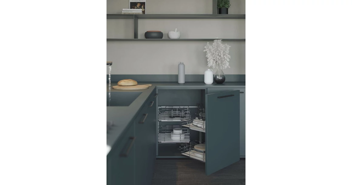 Kép 2/2 - Konyhai fémrács, sarokszekrénybe, részleges kihúzás, csillapított záródás, króm-fehér, jobbos,  900mm, 450mm ajtó szélesség, SIGE Infinity Line 350