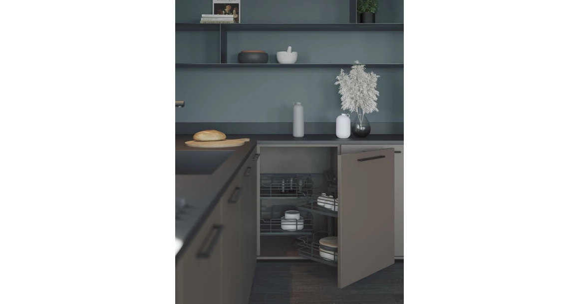 Kép 2/2 - Konyhai fémrács, sarokszekrénybe, részleges kihúzás, csillapított záródás, antracit, jobbos,  900mm, 450mm ajtó szélesség, SIGE Infinity Line 350