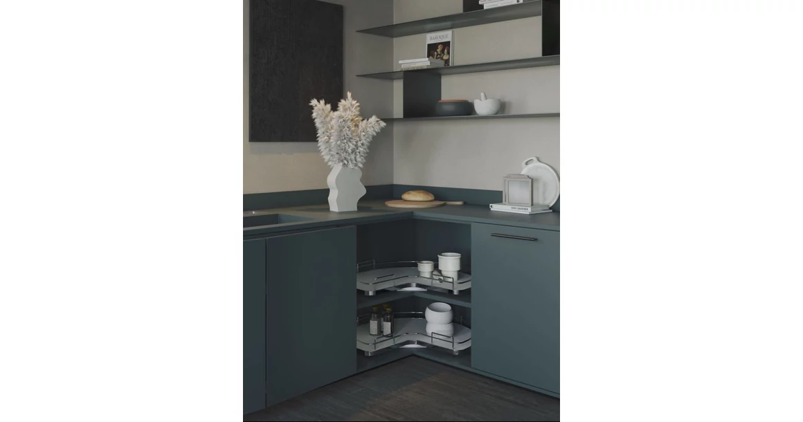 Kép 2/2 - Konyhai fémrács, sarokszekrénybe, 3/4 kör kosár, 800mm átmérő, oszloppal, 400mm ajtókhoz, Sige Infinity Line 363