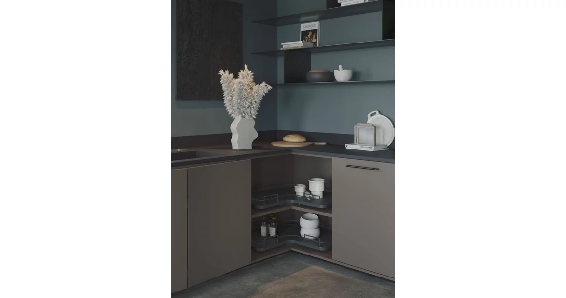 Kép 2/2 - Konyhai fémrács, sarokszekrénybe, 3/4 kör kosár, antracit, 800mm átmérő, oszloppal, 400mm ajtókhoz, Sige Infinity Line 363