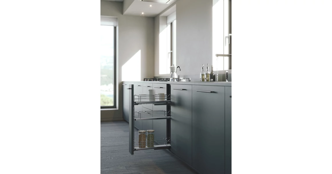 Kép 2/2 - Konyhai fémrács, 150mm, bal oldalra szerelhető, fehér, teljes kihúzás, csillapított záródás, rejtett fióksín, 3 kosár SIGE, Infinity Line 002