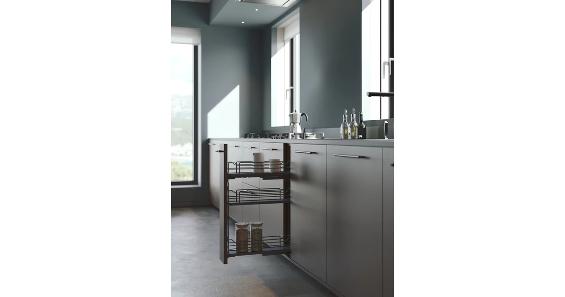 Kép 2/2 - Konyhai fémrács, 150mm, bal oldalra szerelhető, antracit, teljes kihúzás, csillapított záródás, rejtett fióksín, 3 kosár SIGE, Infinity Line 002