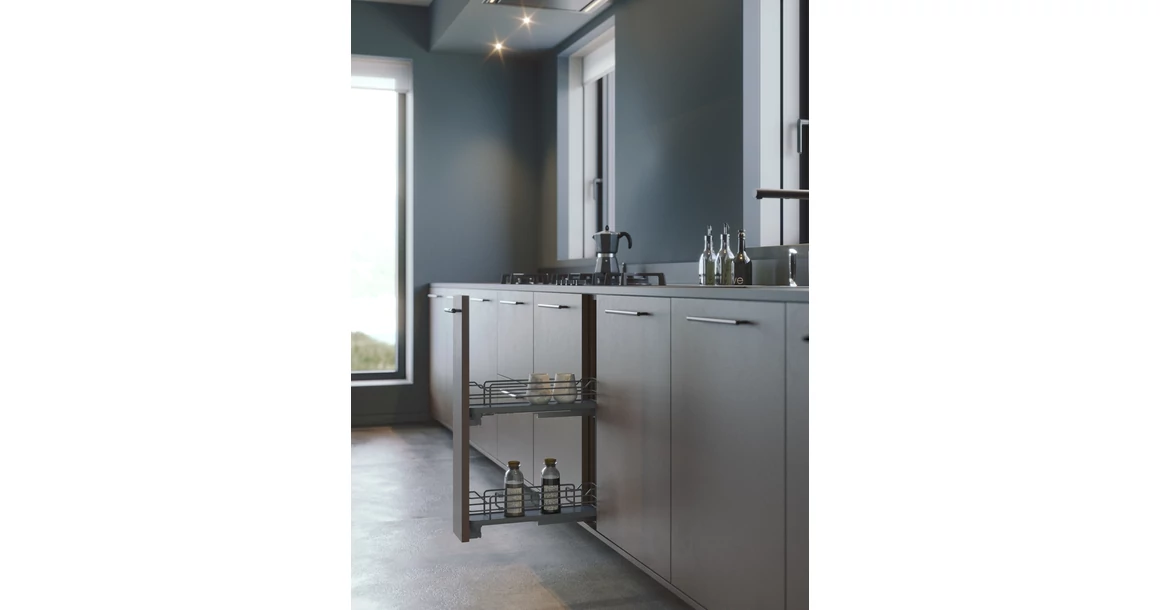 Kép 2/2 - Konyhai fémrács, 150mm, bal oldalra szerelhető, antracit, teljes kihúzás, csillapított záródás, rejtett fióksín, 2 kosár SIGE, Infinity Line 002