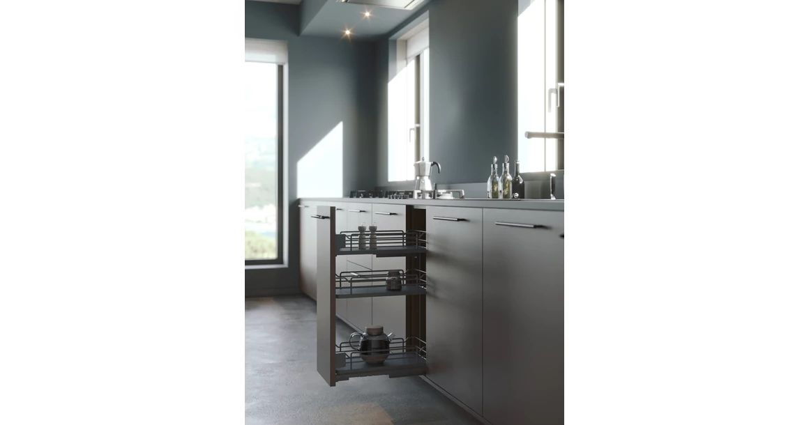 Kép 2/2 - Konyhai fémrács, 300mm, oldalra szerelhető, antracit, teljes kihúzás, csillapított záródás, rejtett fióksín, 3 kosár SIGE, Infinity Line 004