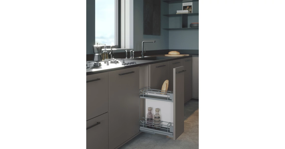 Kép 2/2 - Konyhai fémrács, 300mm, fenéklapra szerelhető, antracit, teljes kihúzás, csillapított záródás, rejtett fióksín, 2 kosár, textílzsákkal SIGE, Infinity Line 006