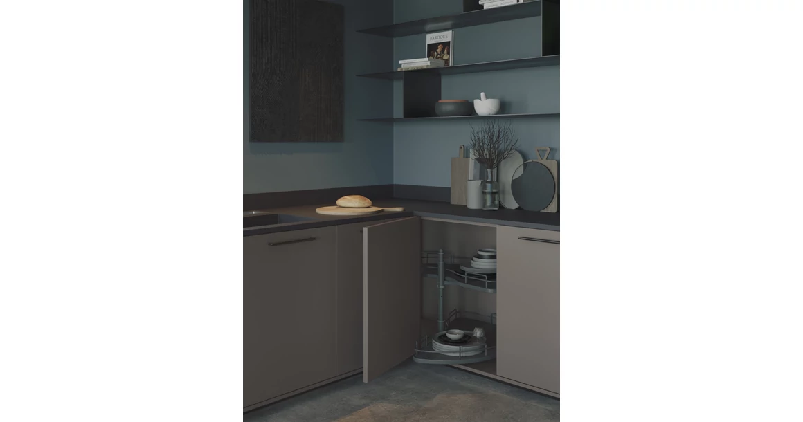 Kép 2/2 - Konyhai fémrács, sarokszekrénybe, antracit, félkör kosár, 760mm átmérő, 450mm ajtókhoz, SIGE Infinity Line 070