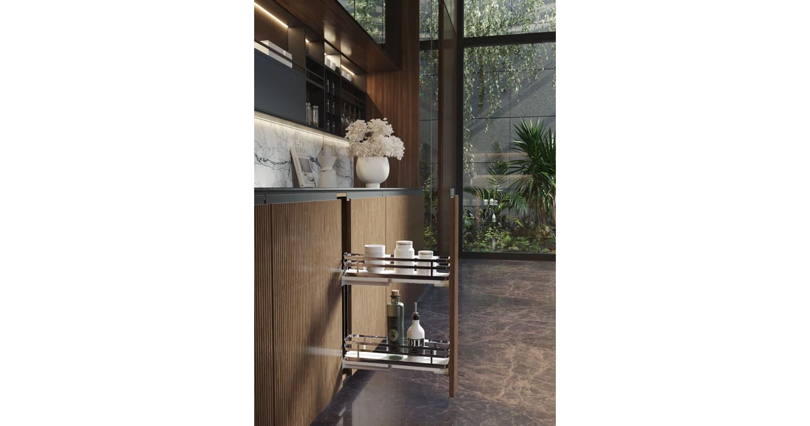 Kép 2/2 - Konyhai fémrács, 150mm, bal oldalra szerelhető, króm-fehér, teljes kihúzás, csillapított záródás, rejtett fióksín, 2 kosár SIGE, Infinity plus 002