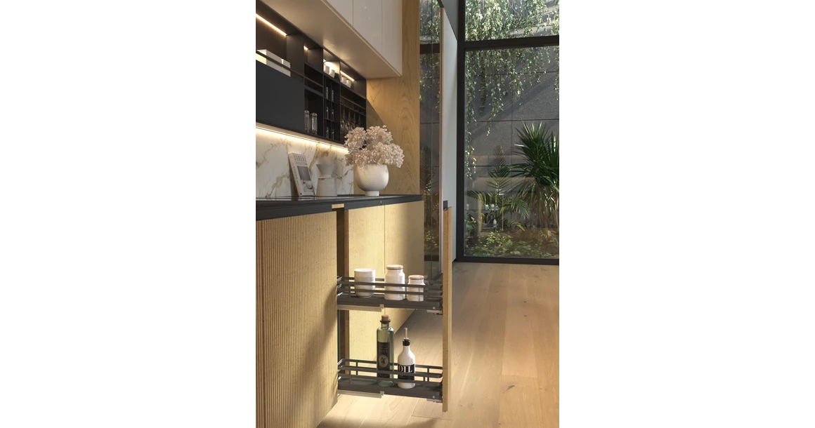 Kép 2/2 - Konyhai fémrács, 200mm, bal oldalra szerelhető, antracit, teljes kihúzás, csillapított záródás, rejtett fióksín, 2 kosár SIGE, Infinity Plus 002