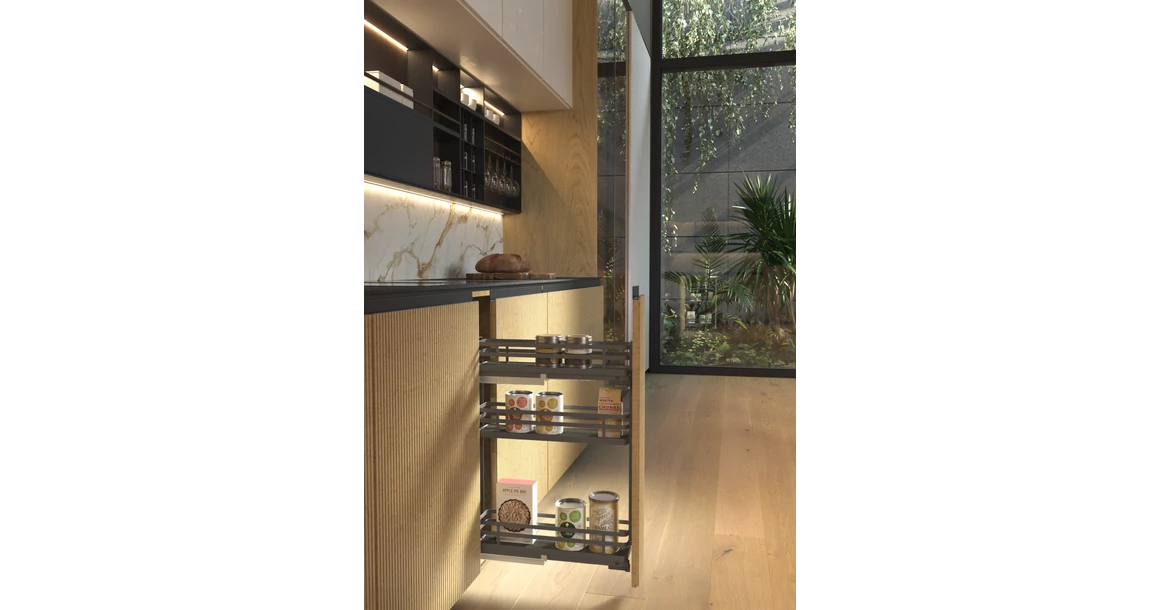 Kép 2/2 - Konyhai fémrács, 150mm, bal oldalra szerelhető, antracit, teljes kihúzás, csillapított záródás, rejtett fióksín, 3 kosár SIGE, Infinity Plus 002