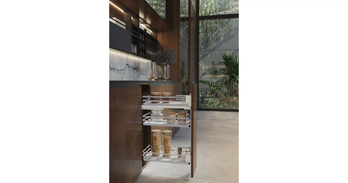 Kép 2/2 - Konyhai fémrács, 300mm, oldalra szerelhető, króm-fehér, teljes kihúzás, csillapított záródás, rejtett fióksín, 3 kosár SIGE, Infinity Plus 004