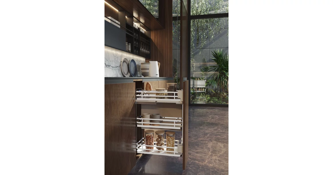 Kép 2/2 - Konyhai fémrács, 300mm, oldalra szerelhető, króm-fehér, teljes kihúzás, csillapított záródás, rejtett fióksín, 3 kosár, textílzsákkal SIGE, Infinity Plus 007