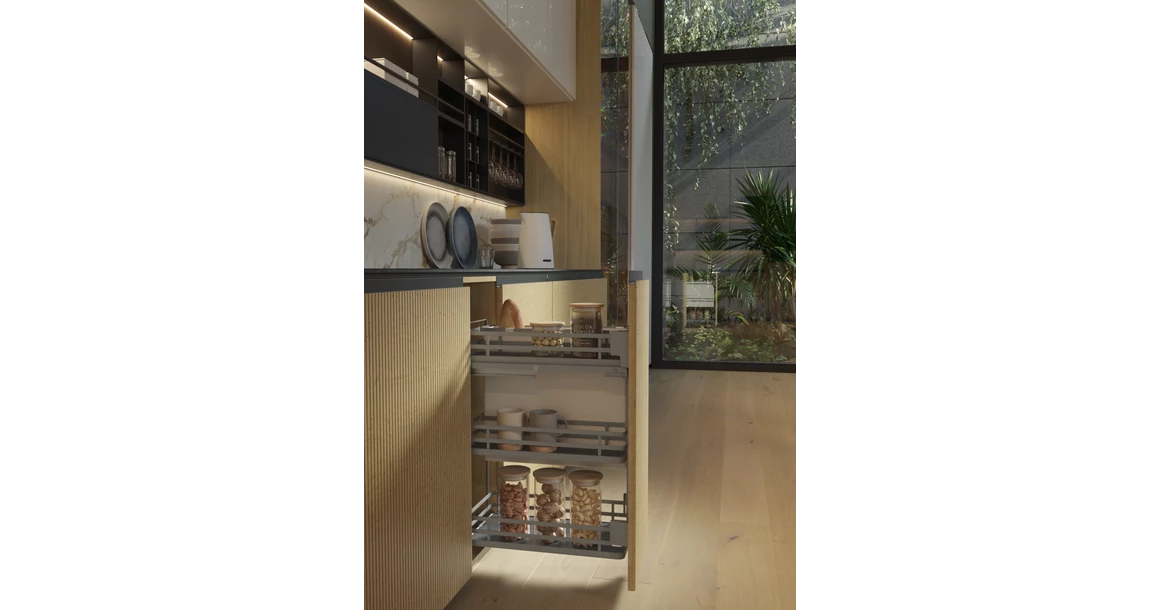 Kép 2/2 - Konyhai fémrács, 300mm, oldalra szerelhető, antracit, teljes kihúzás, csillapított záródás, rejtett fióksín, 3 kosár, textílzsákkal SIGE, Infinity Plus 007