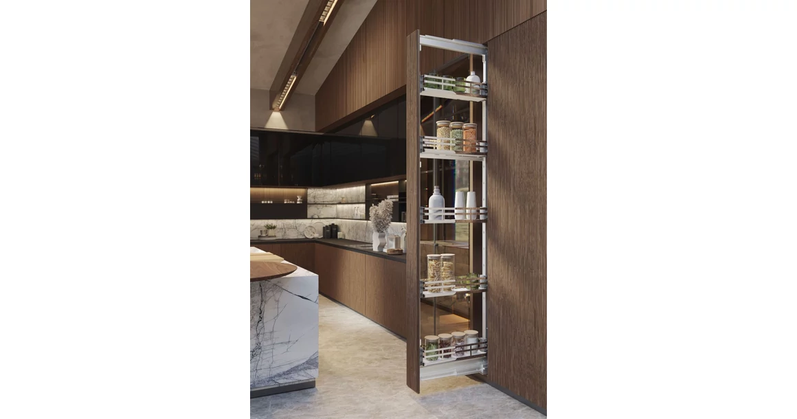 Kép 2/2 - Konyhai fémrács, kamravasalat, 150mm, króm-fehér, teljes kihúzású, csillapított záródás, 1880-2180mm, 5 kosár SIGE, Infinity Plus 258