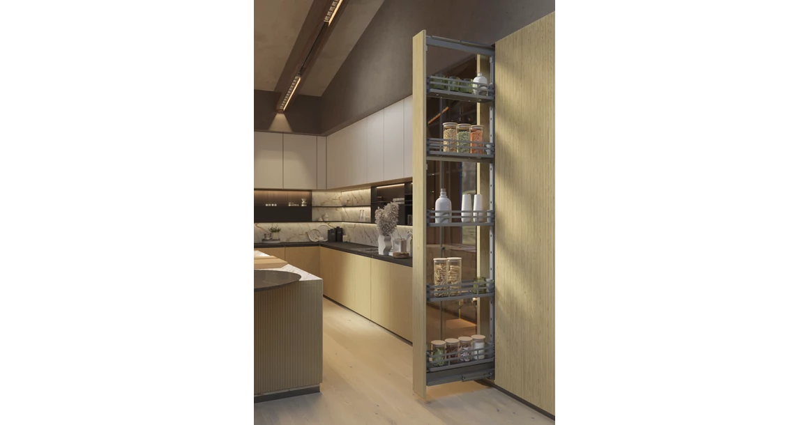 Kép 2/2 - Konyhai fémrács, kamravasalat, 150mm, antracit, teljes kihúzású, csillapított záródás, 1880-2180mm, 5 kosár SIGE, Infinity Plus 258