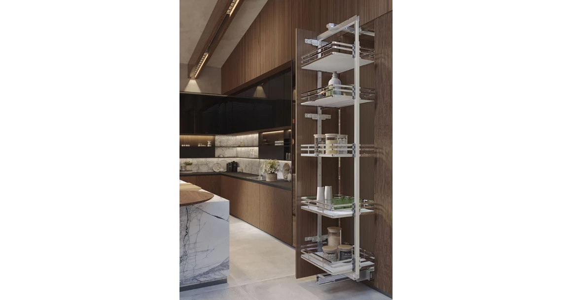 Kép 2/3 - Konyhai fémrács, kamravasalat, 450mm, króm-fehér, teljes kihúzású, csillapított záródás, 1880-2180mm, 5 kosár SIGE, Infinity Plus 265