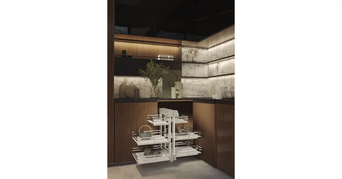 Kép 2/3 - Konyhai fémrács, sarokszekrénybe, teljes kihúzás, csillapított záródás, króm-fehér, univerzális, 1200mm, 600mm ajtó szélesség, SIGE Infinity Plus 340