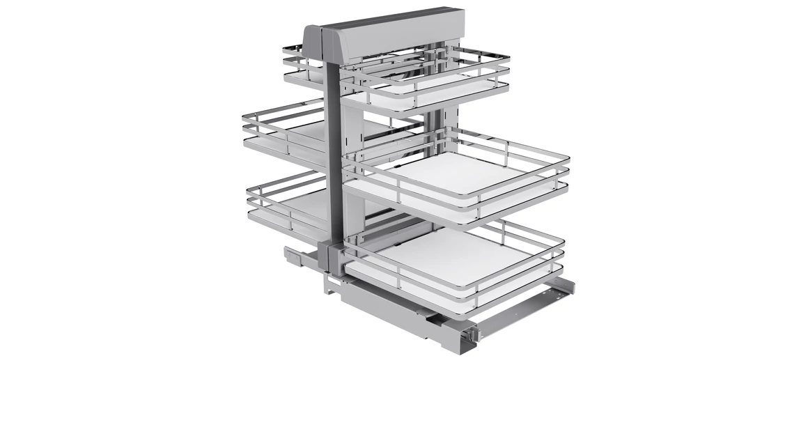 Kép 1/3 - Konyhai fémrács, sarokszekrénybe, teljes kihúzás, csillapított záródás, króm-fehér, univerzális, 1200mm, 600mm ajtó szélesség, SIGE Infinity Plus 340