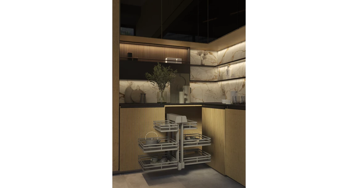 Kép 2/3 - Konyhai fémrács, sarokszekrénybe, teljes kihúzás, csillapított záródás, antracit, univerzális, 1200mm, 600mm ajtó szélesség, SIGE Infinity Plus 340