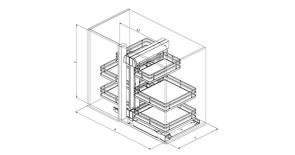 Kép 3/3 - Konyhai fémrács, sarokszekrénybe, teljes kihúzás, csillapított záródás, antracit, univerzális, 1200mm, 600mm ajtó szélesség, SIGE Infinity Plus 340