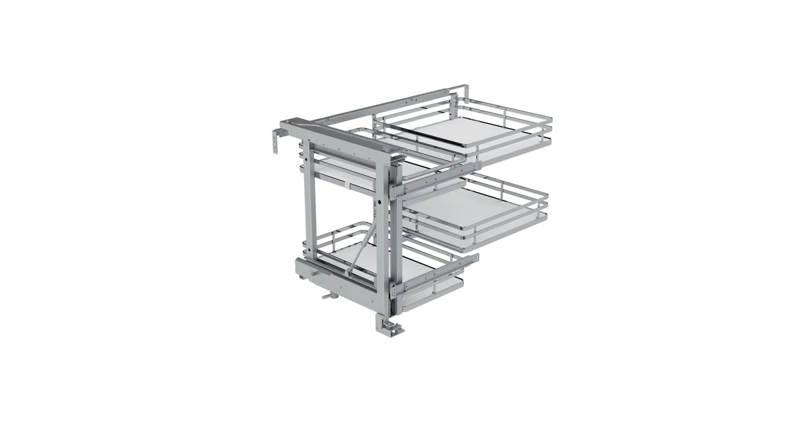 Kép 1/3 - Konyhai fémrács, sarokszekrénybe, részleges kihúzás, csillapított záródás, króm-fehér, balos,  900mm, 450mm ajtó szélesség, SIGE Infinity Plus 350