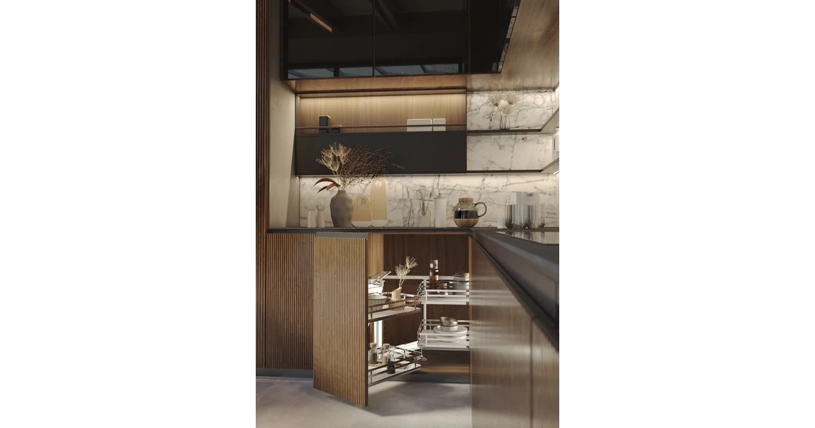 Kép 2/3 - Konyhai fémrács, sarokszekrénybe, részleges kihúzás, csillapított záródás, króm-fehér, balos,  900mm, 450mm ajtó szélesség, SIGE Infinity Plus 350