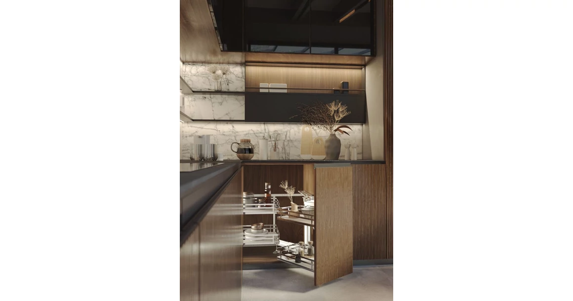 Kép 2/3 - Konyhai fémrács, sarokszekrénybe, részleges kihúzás, csillapított záródás, króm-fehér, jobbos, 1200mm, 600mm ajtó szélesség, SIGE Infinity Plus 350