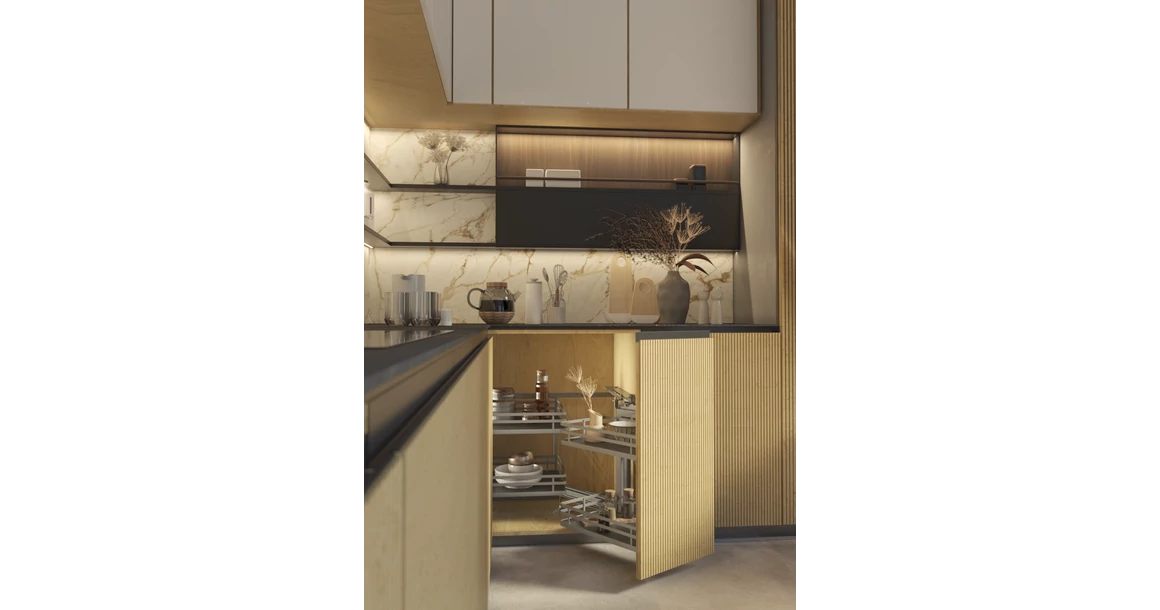 Kép 2/3 - Konyhai fémrács, sarokszekrénybe, részleges kihúzás, csillapított záródás, antracit, jobbos, 1200mm, 600mm ajtó szélesség, SIGE Infinity Plus 350