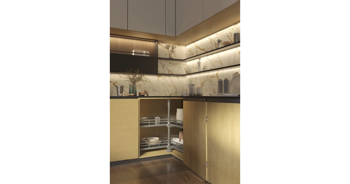 Kép 2/3 - Konyhai fémrács, sarokszekrénybe, 3/4 kör kosár, antracit, 810mm átmérő, oszloppal, 400mm ajtókhoz, Sige Infinity Plus 361