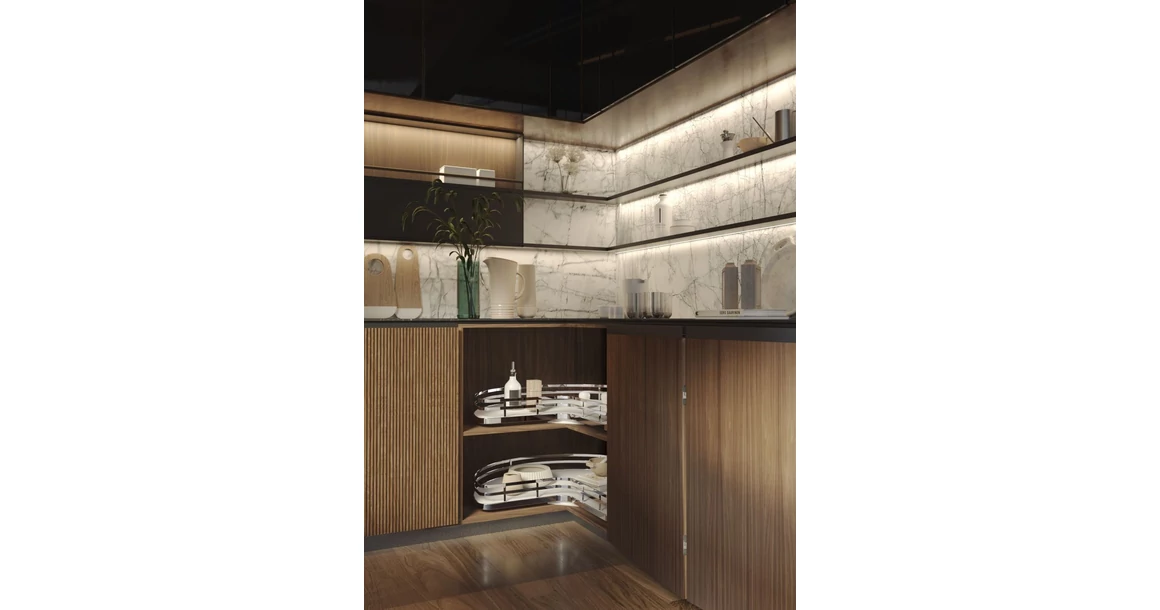 Kép 2/3 - Konyhai fémrács, sarokszekrénybe, 3/4 kör kosár, króm-fehér, 810mm átmérő, oszloppal, 400mm ajtókhoz, Sige Infinity Plus 361