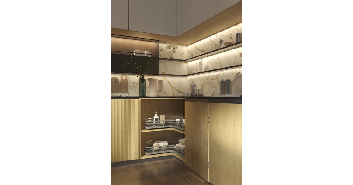 Kép 2/3 - Konyhai fémrács, sarokszekrénybe, 3/4 kör kosár, antracit, 700mm átmérő, oszloppal, 350mm ajtókhoz, Sige Infinity Plus 363